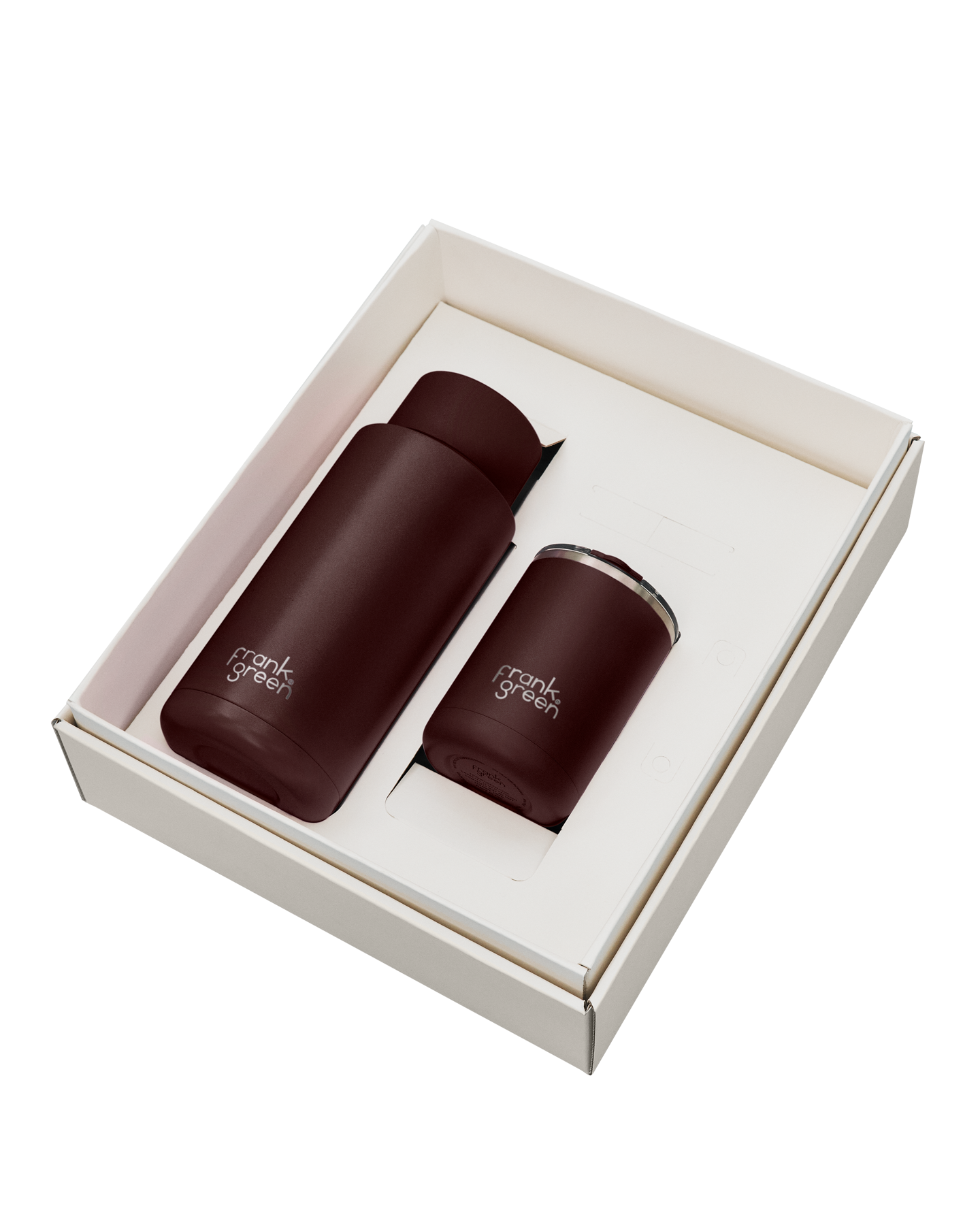 A Gift Set featuring two signature frank green products! Contains a 12oz/355ml Ceramic Reusable Cup with hinge lid and a 34oz/1,000ml Ceramic Reusable Bottle with flip lid.