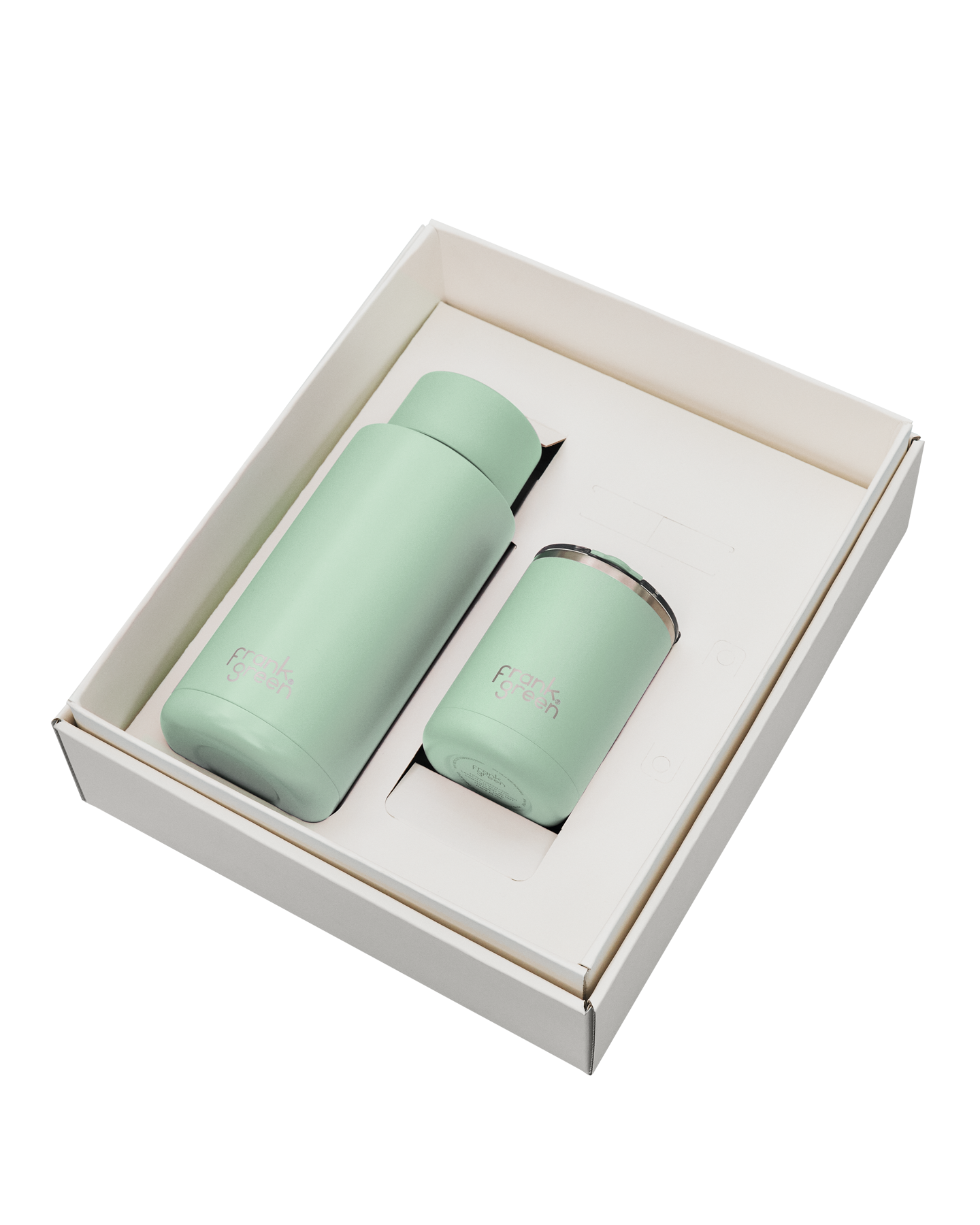 A Gift Set featuring two signature frank green products! Contains a 12oz/355ml Ceramic Reusable Cup with hinge lid and a 34oz/1,000ml Ceramic Reusable Bottle with flip lid.