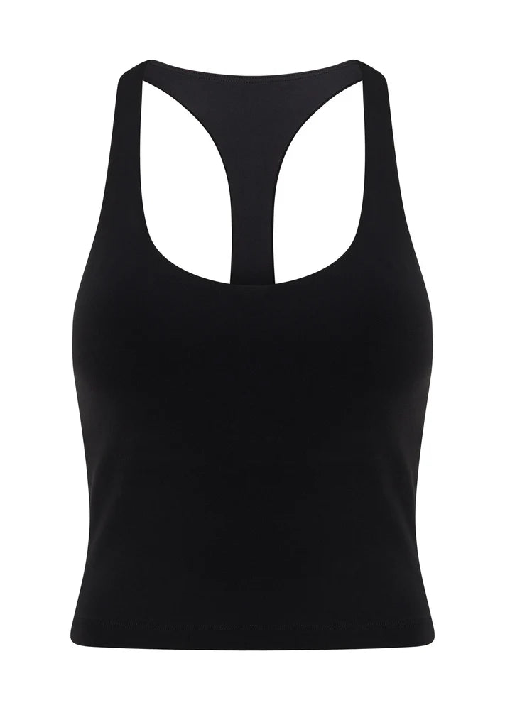 Built in Shelf Bra with Removable Padding for All Day Support
Form Flattering Cropped Fitted Silhouette
Supportive Racerback Silhouette Clears the Shoulder Blades