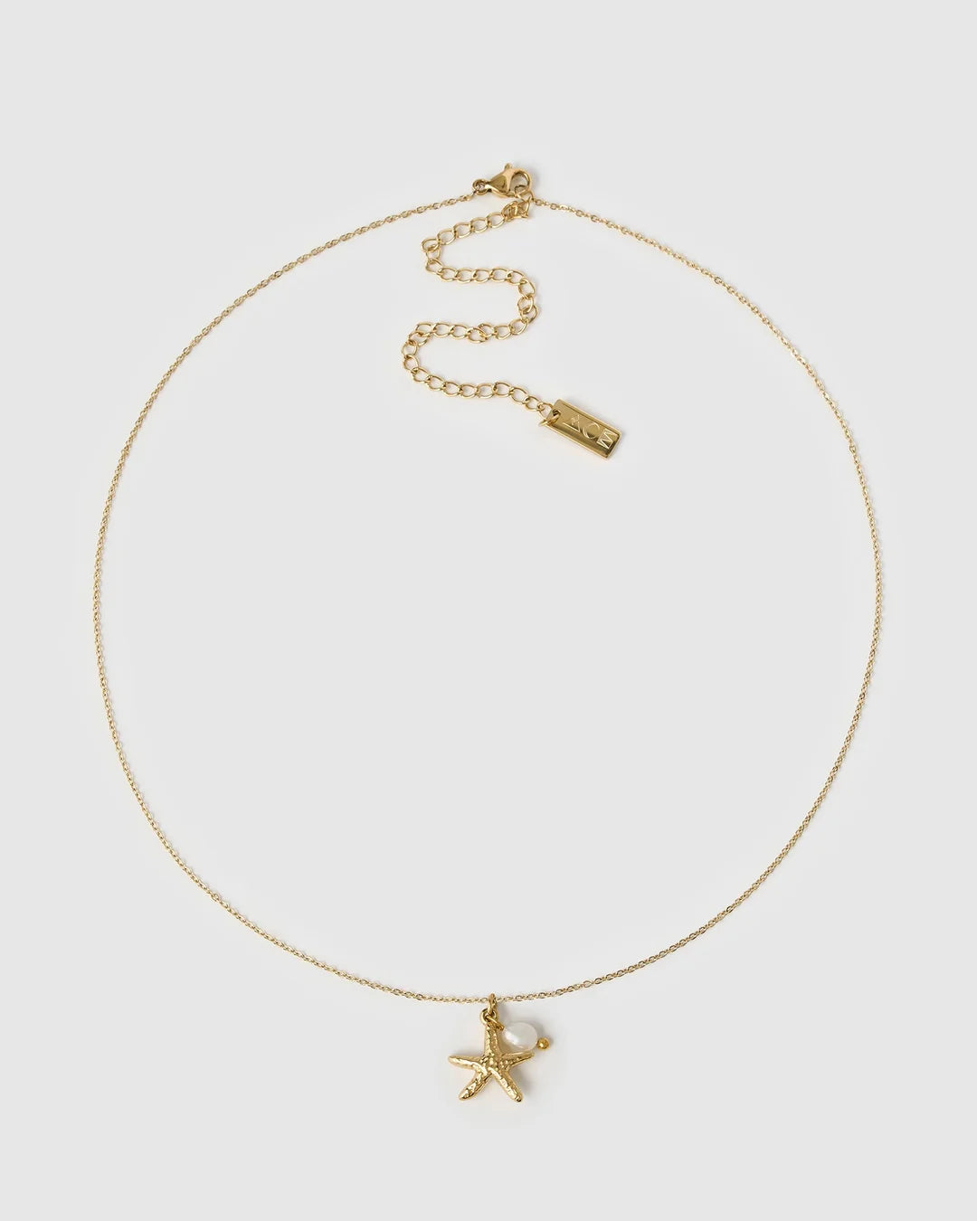 A delicate gold chain necklace featuring a small starfish pendant and an adjustable lobster clasp with a brand tag, displayed on a light gray background.