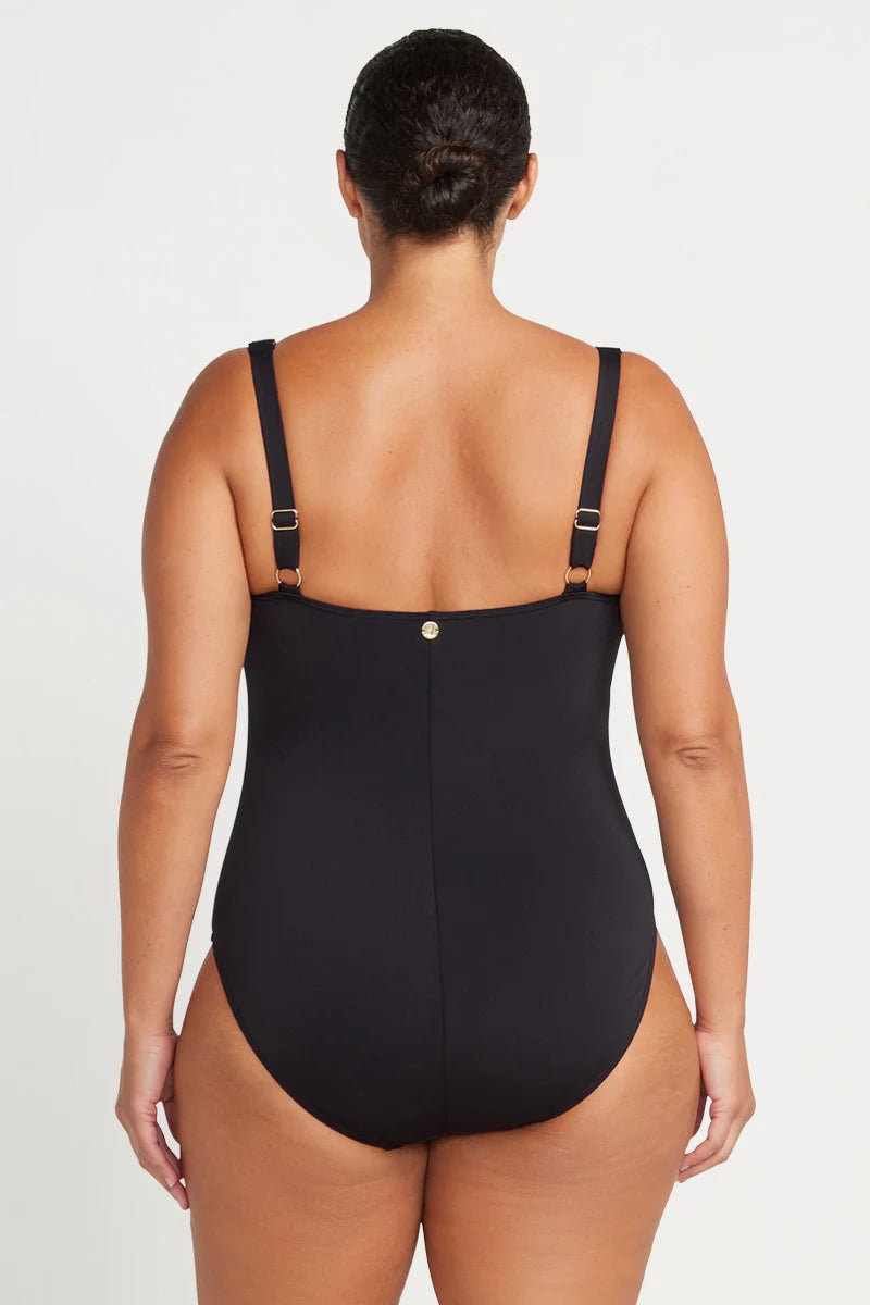 This classic best selling black one piece swimsuit silhouette is designed to fit a multitude of women and has multifit soft foam cups to fit a C - DD cup, a loop front design feature, side panels and front panel ruching for body shaping confidence.