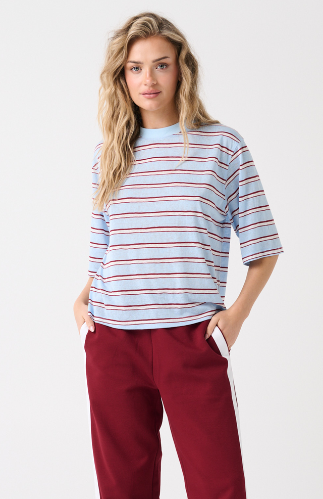 Elasticated waist, pull on pant
Flat waistband
Inseam hip pockets
Contrast white side stripe along outer leg
Leg split at hemline