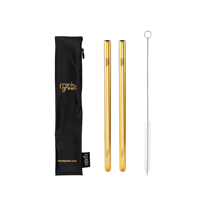 Say goodbye to pesky single-use straws forever. Made from premium, food-grade 304 stainless steel, the two frank green reusable straws are 8mm wide, dishwasher safe and easy to clean! Use them for iced lattes, sangria or whatever floats your hydration boat. Comes with a handy straw cleaning brush and a pouch made from ECORPET®.