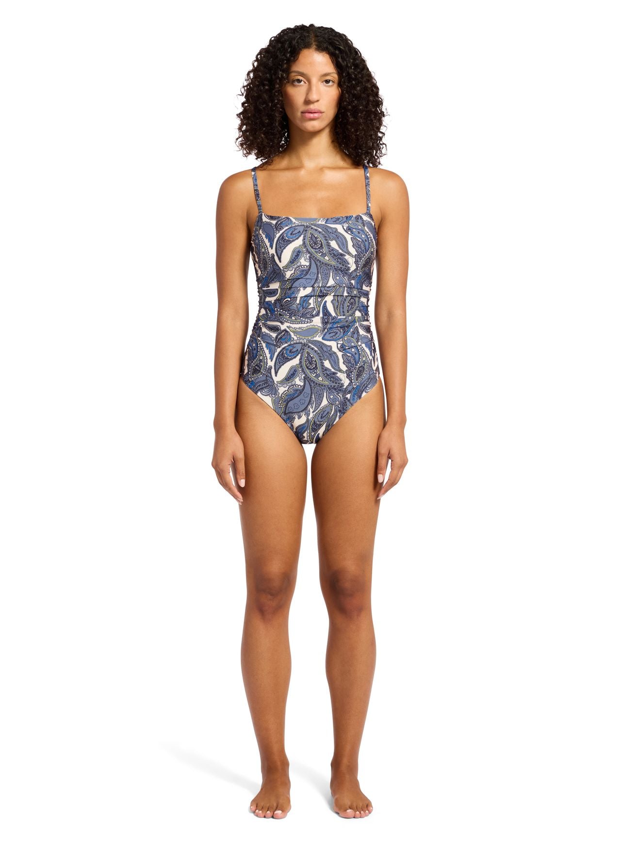 Recycled shine fabric base.
Best suited to an A - E cup.
Removable cups for shape and support.
Internal shelf bra for bust support.
Regular leg, regular back coverage.
Exclusive Jets all over print.
82% Recycled Nylon 18% Elastane