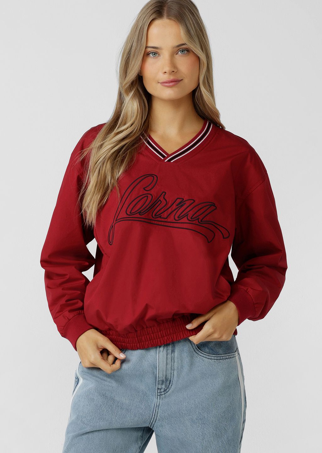 Home Run V Neck Popover - Dark Ruby