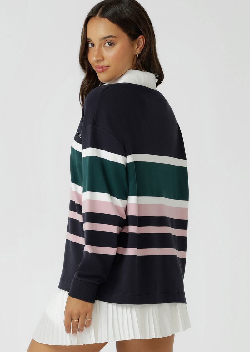 Relaxed Fit
Elevated Yarn Dye Striped Design in a Soft Touch Cotton Fabrication
Rugby Jersey Inspired Design with Contrast Collar and Concealed Button Through Placket
Logo Embroidery