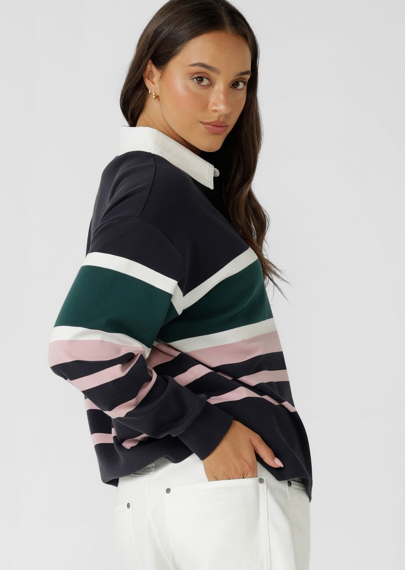 Relaxed Fit
Elevated Yarn Dye Striped Design in a Soft Touch Cotton Fabrication
Rugby Jersey Inspired Design with Contrast Collar and Concealed Button Through Placket
Logo Embroidery