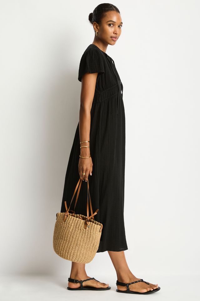 Cotton cheesecloth fabric
Soft touch fabric
V front neckline with tie
Elastic underbust panel
Short fluted sleeve
Maxi length