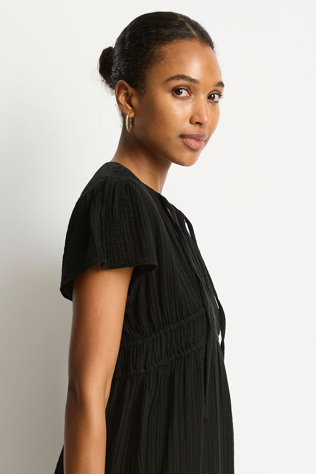 Cotton cheesecloth fabric
Soft touch fabric
V front neckline with tie
Elastic underbust panel
Short fluted sleeve
Maxi length