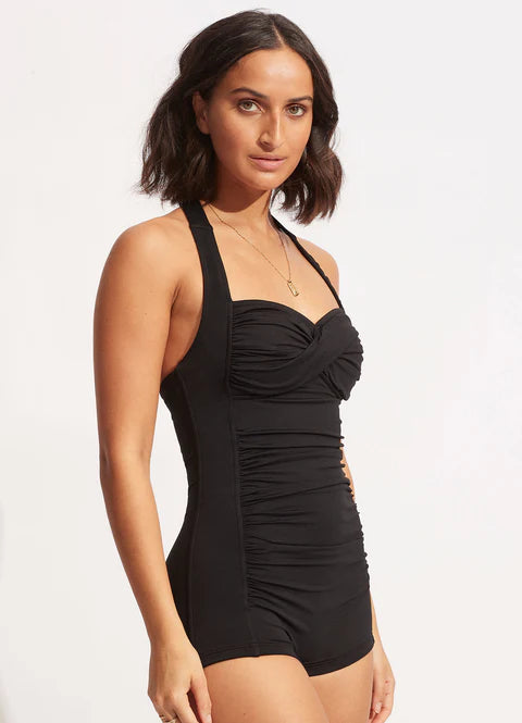 Ruched Panel Internal Shelf Bra For Bust Support Soft Cups For Shape And Support Gripper Tape To Hold Swimsuit In Place Boyleg Legline Soft Ties For Comfort & Fit Versatility Fabric: 80% Recycled Nylon / 20% Elastane