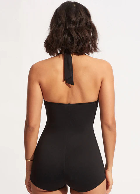 Ruched Panel Internal Shelf Bra For Bust Support Soft Cups For Shape And Support Gripper Tape To Hold Swimsuit In Place Boyleg Legline Soft Ties For Comfort & Fit Versatility Fabric: 80% Recycled Nylon / 20% Elastane