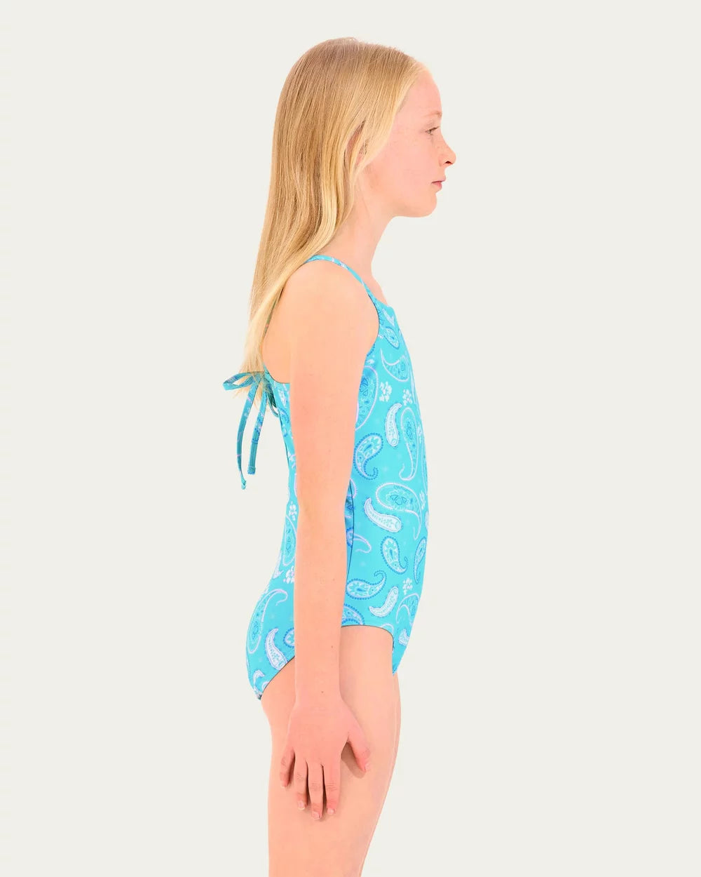 - Square neckline
- Self-tie fastening at the back; keyhole detail
- Narrow shoulder straps
- All-over paisley print motif