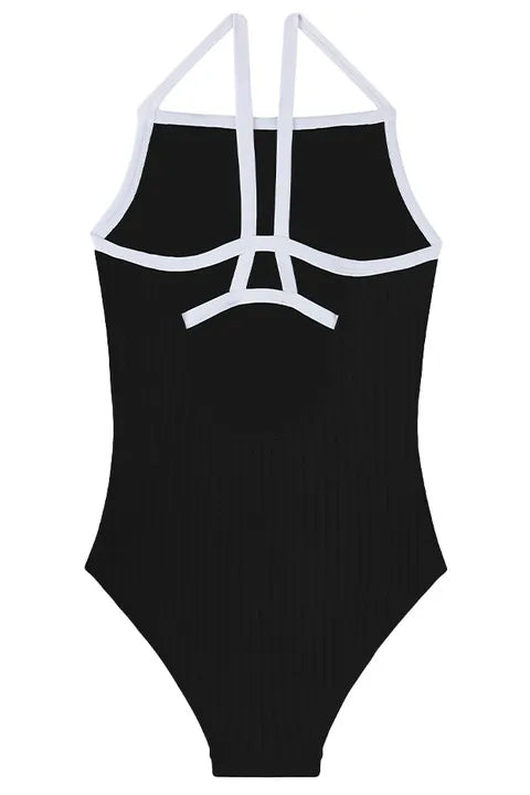 Square neckline Narrow, fixed shoulder straps Cross strap back detail Lowered scoop backline Contrast binding Double lined gusset for modesty Textured rib fabrication