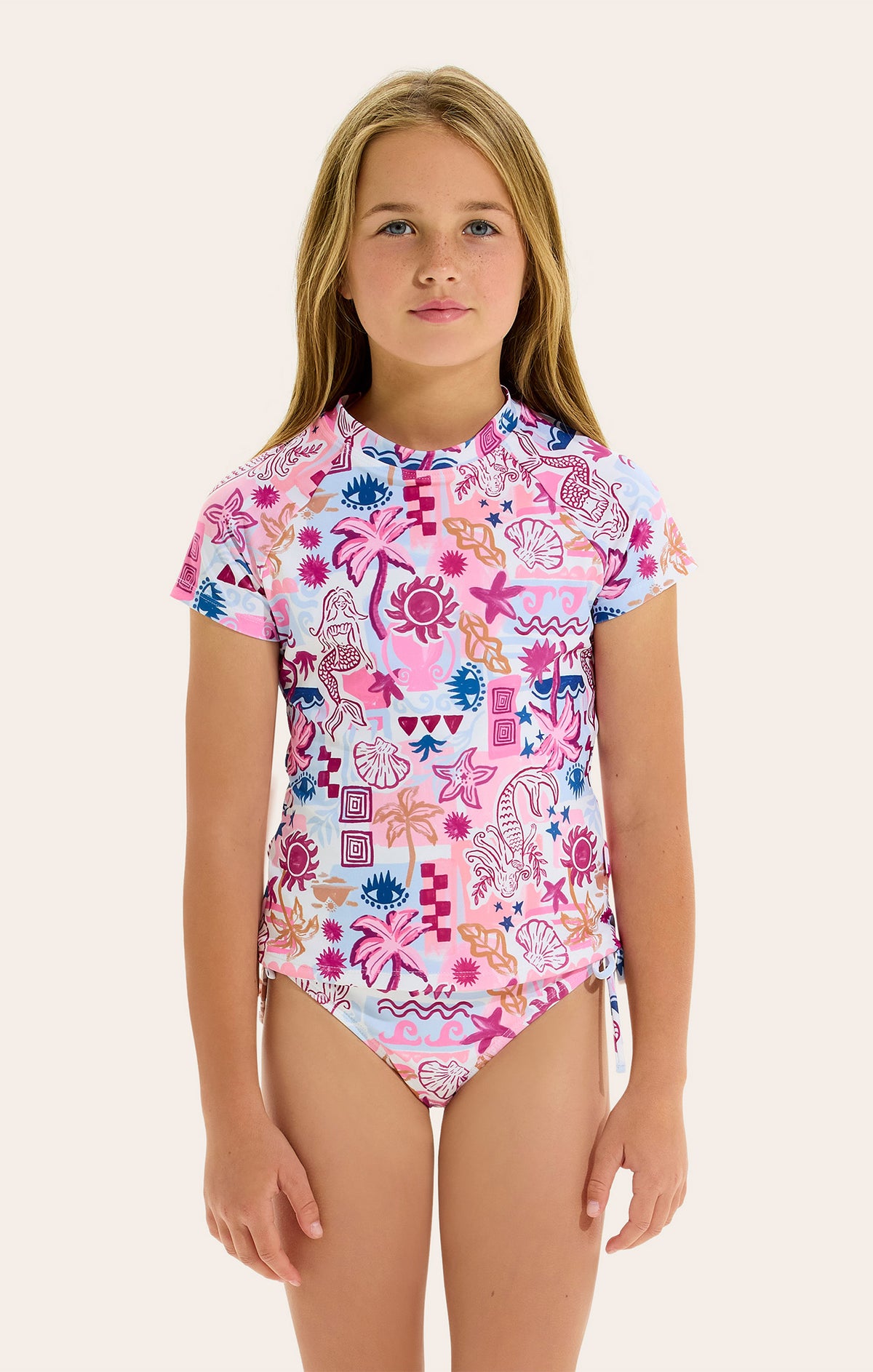 High neck
Short sleeves
Modest Bikini Bottom
This is a Set
Colourful mermaid and tropical print