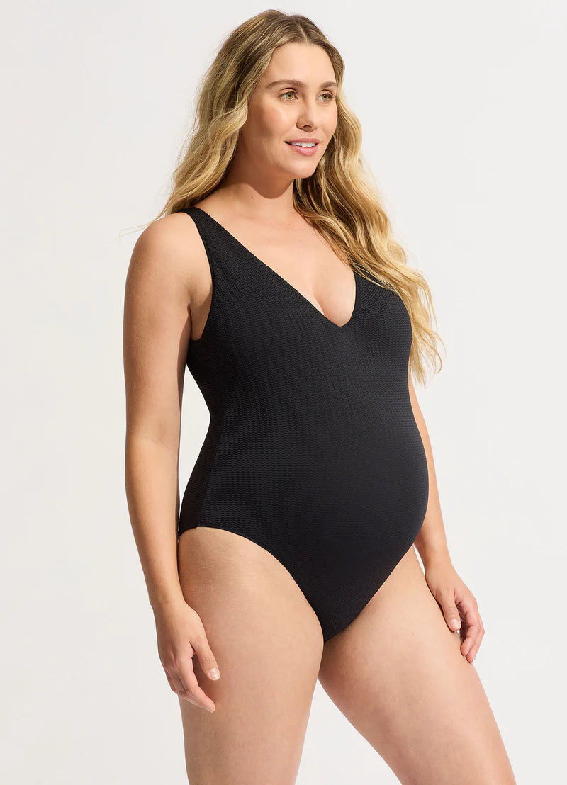 Sea Dive Deep V Neck One Piece - Black