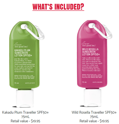 Meet your new favourite travel buddy! Our SPF50+ Sunscreen range is now available in a 75mL
travel size. The same high-quality sunscreen – made to go wherever you go.
Play in the sunshine with the reassurance of protection by your side. Lightweight with a
convenient carabiner clip, our little Travellers are the perfect companion for on-the-go
adventures.
