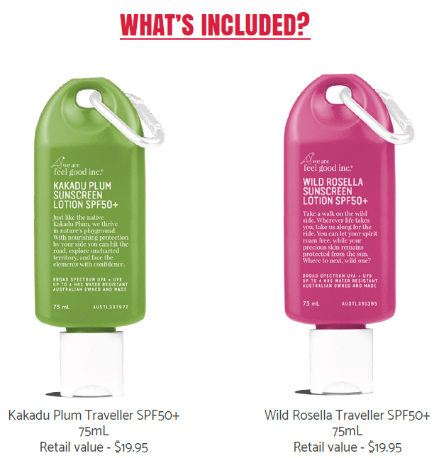 Meet your new favourite travel buddy! Our SPF50+ Sunscreen range is now available in a 75mL
travel size. The same high-quality sunscreen – made to go wherever you go.
Play in the sunshine with the reassurance of protection by your side. Lightweight with a
convenient carabiner clip, our little Travellers are the perfect companion for on-the-go
adventures.
