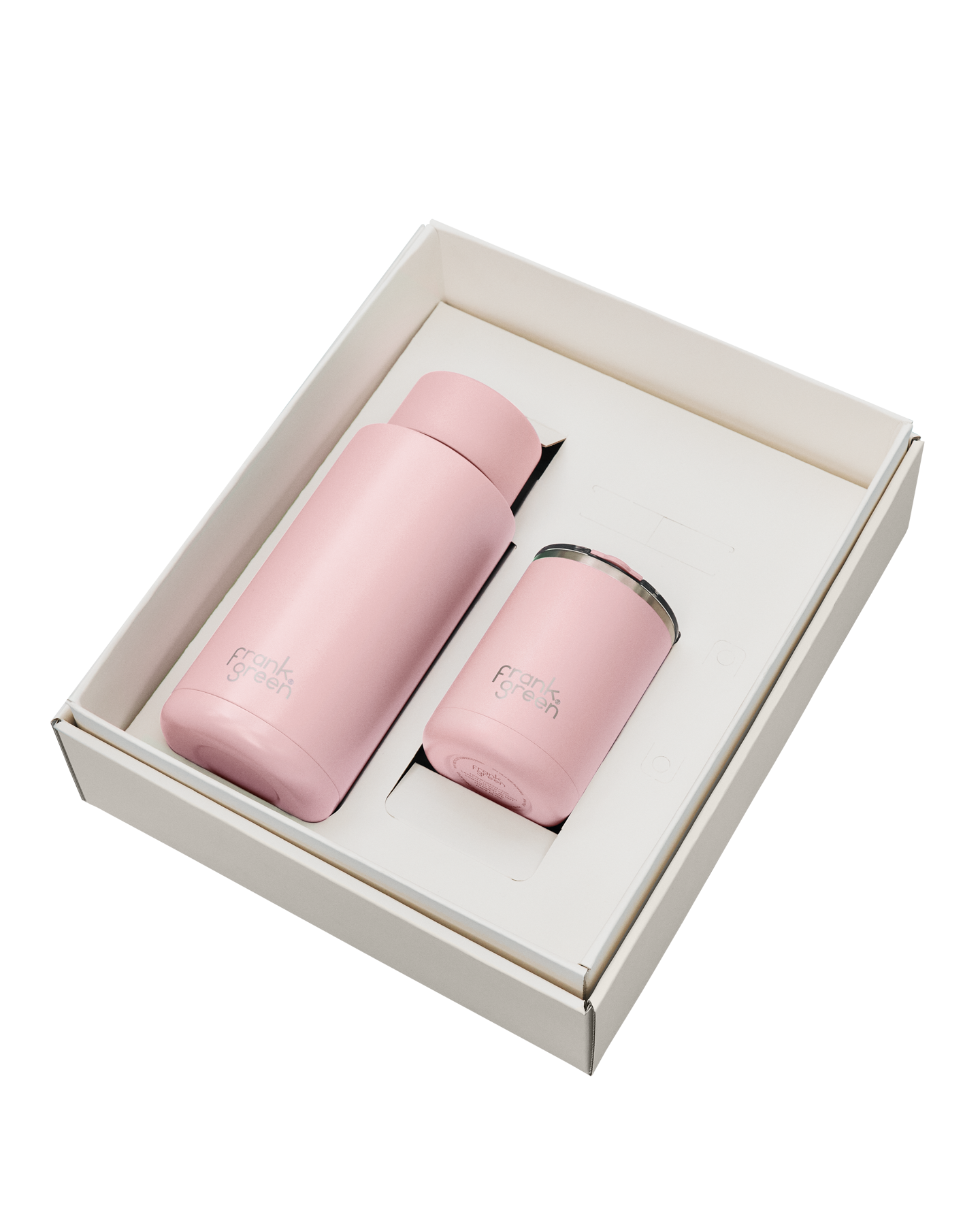A Gift Set featuring two signature frank green products! Contains a 12oz/355ml Ceramic Reusable Cup and a 34oz/1,000ml Ceramic Reusable Bottle.