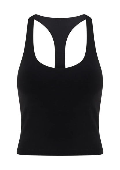 Built in Shelf Bra with Removable Padding for All Day Support
Form Flattering Cropped Fitted Silhouette
Supportive Racerback Silhouette Clears the Shoulder Blades