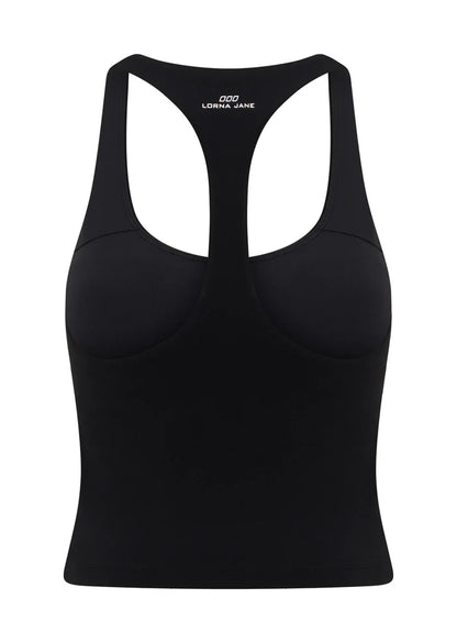 Built in Shelf Bra with Removable Padding for All Day Support
Form Flattering Cropped Fitted Silhouette
Supportive Racerback Silhouette Clears the Shoulder Blades