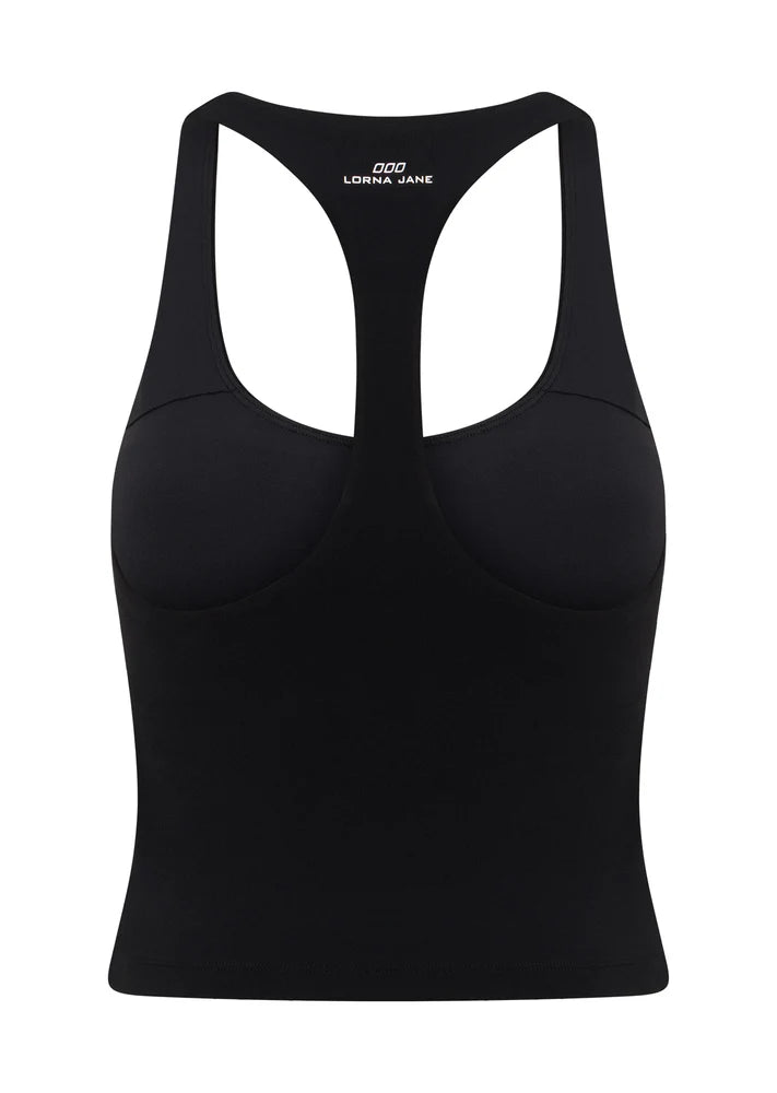 Built in Shelf Bra with Removable Padding for All Day Support
Form Flattering Cropped Fitted Silhouette
Supportive Racerback Silhouette Clears the Shoulder Blades