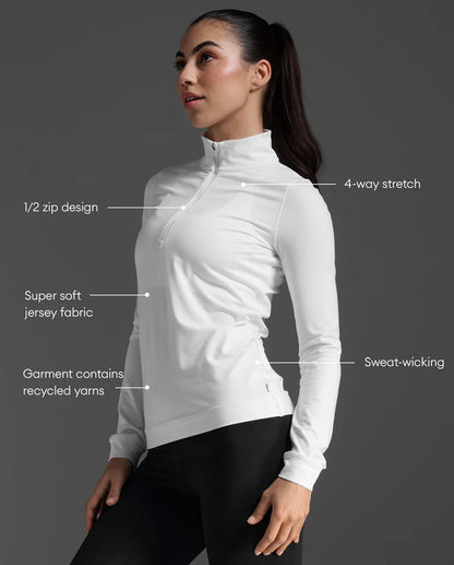 1. 1/2 zip long sleeve
2. 200gsm brushed soft jersey provides all day comfort
3. Sweat-wicking and quick to dry
4. 4-way stretch provides maximum freedom of movement
5. Zip design lets you adjust exposure to elements
6. This garment contains recycled yarns