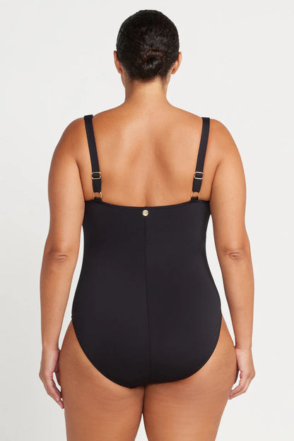 This classic best selling black one piece swimsuit silhouette is designed to fit a multitude of women and has multifit soft foam cups to fit a C - DD cup, a loop front design feature, side panels and front panel ruching for body shaping confidence.