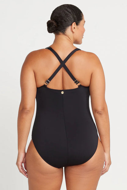 This classic best selling black one piece swimsuit silhouette is designed to fit a multitude of women and has multifit soft foam cups to fit a C - DD cup, a loop front design feature, side panels and front panel ruching for body shaping confidence.