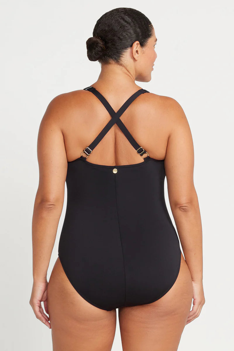 This classic best selling black one piece swimsuit silhouette is designed to fit a multitude of women and has multifit soft foam cups to fit a C - DD cup, a loop front design feature, side panels and front panel ruching for body shaping confidence.