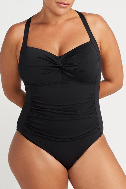 This classic best selling black one piece swimsuit silhouette is designed to fit a multitude of women and has multifit soft foam cups to fit a C - DD cup, a loop front design feature, side panels and front panel ruching for body shaping confidence.