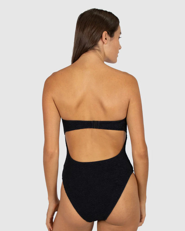 Baku's Ibiza Bandeau One Piece Swimsuit features a cut out back detail, shelf & boning support. Also it has gripper tape, soft removal cups, optional neck strap and multi A-D cup fit. Our exciting new solid Ibiza, is a vibrant, dynamic and tactile textural fabrication from Italy.