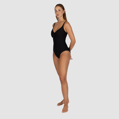 Baku's Positano D-E Underwire One Piece Swimsuit features  hidden underwire & shelf support, fully lined, adjustable & convertible straps, inner cup lycra lining support, soft tie fashion detail,and TUMMY CONTROL.