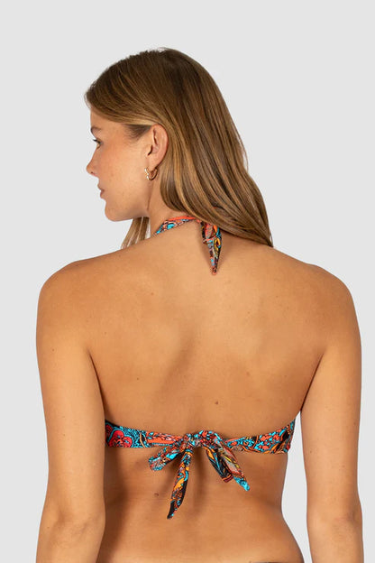 Baku's Sirenuse C-D Cup Halter Bikini Bra Top features a Rose gold ring detail at the center front and ties around the neck and back. It has added boning support and an upsize option.