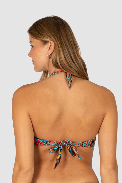 Baku's Sirenuse C-D Cup Halter Bikini Bra Top features a Rose gold ring detail at the center front and ties around the neck and back. It has added boning support and an upsize option.