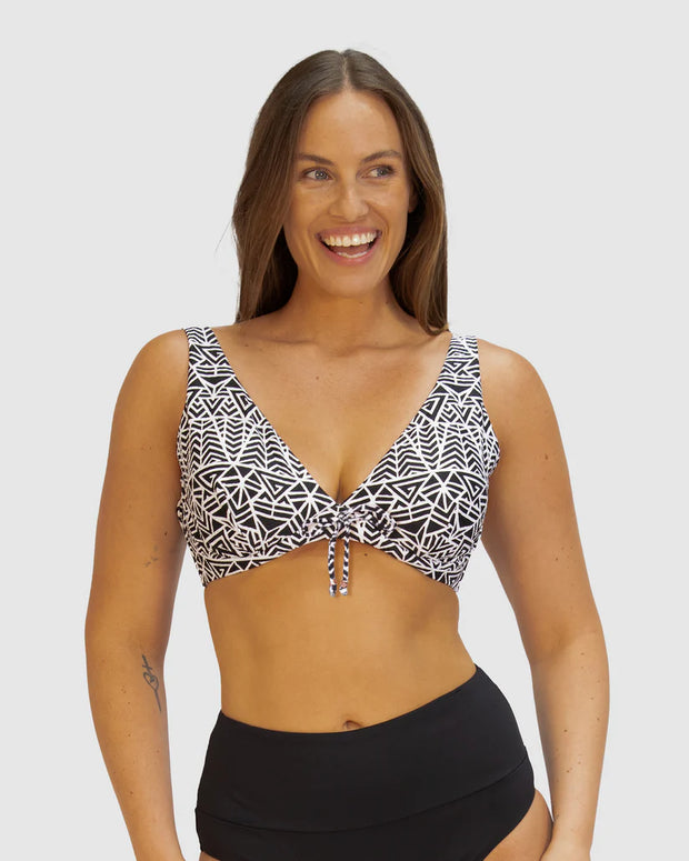 Baku's Zazu D-E Cup Underwire Bikini Bra Top features soft removable cups, underwire support and side boning. It has a soft tie-back and adjustable straps.