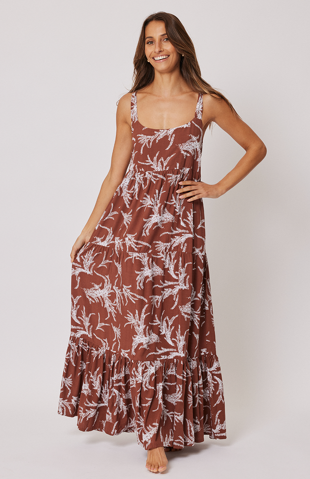 Maxi length sun dress Bra friendly shoulder straps Fitted bust panel with soft scooped neckline 3 tiered gathered panels to create fullness Cartel & Willow exclusive 'Confetti' print 100% Rayon fabric Vagabond 2023 collection