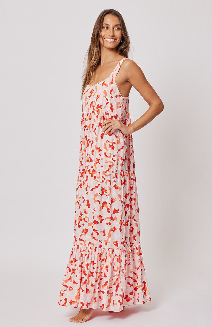 Maxi length sun dress Bra friendly shoulder straps Fitted bust panel with soft scooped neckline 3 tiered gathered panels to create fullness Cartel & Willow exclusive 'Confetti' print 100% Rayon fabric Vagabond 2023 collection