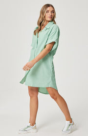 Relaxed fit, button front shirt dress Elbow length sleeve  Left chest pocket Functional buttons through the front Slight curved hemline with longer back 100% cotton chambray fabric Chantel wears a size small and is 173cm tall Balance 2023 collection