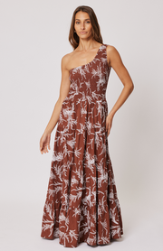 Shirred bodice, maxi dress Elasticised one shoulder neckline Cartel & Willow exclusive hand drawn 'Cocoa Leaf' print Gathered tiers add fullness through the skirt 100% cotton poplin fabric