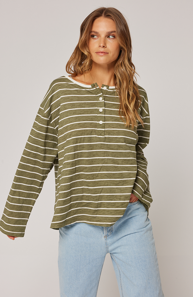 Long sleeve, relaxed fit t-shirt Rounded, scoop neckline with henley style button placket Contrast white neck binding 100% cotton slub jersey fabric  Ebony wears a size small and is 168cm tall Raine 2024 collection