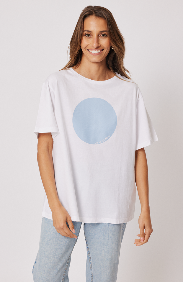 Boxy fit t-shirt Short sleeve Straight hemline CB seam detail Small Cartel & Willow pip tag along the left side seam Powder blue circle graphic print on the chest 100% cotton jersey fabric