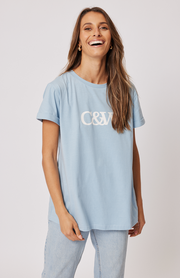 Relaxed fit t-shirt Short sleeve Curved hemline Large C&W logo on the chest in powder blue print 100% cotton jersey fabric