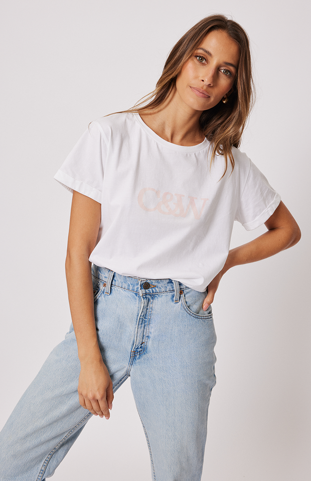 Relaxed fit t-shirt Short sleeve Curved hemline Large C&W logo on the chest in taffy print 100% cotton jersey fabric