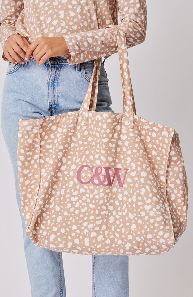 Slouchy, carry all tote bag  Cartel & Willow Logo in white print on the front  Cartel & Willow exclusive 'Berry Leopard' print  100%  Cotton Drill Fabric