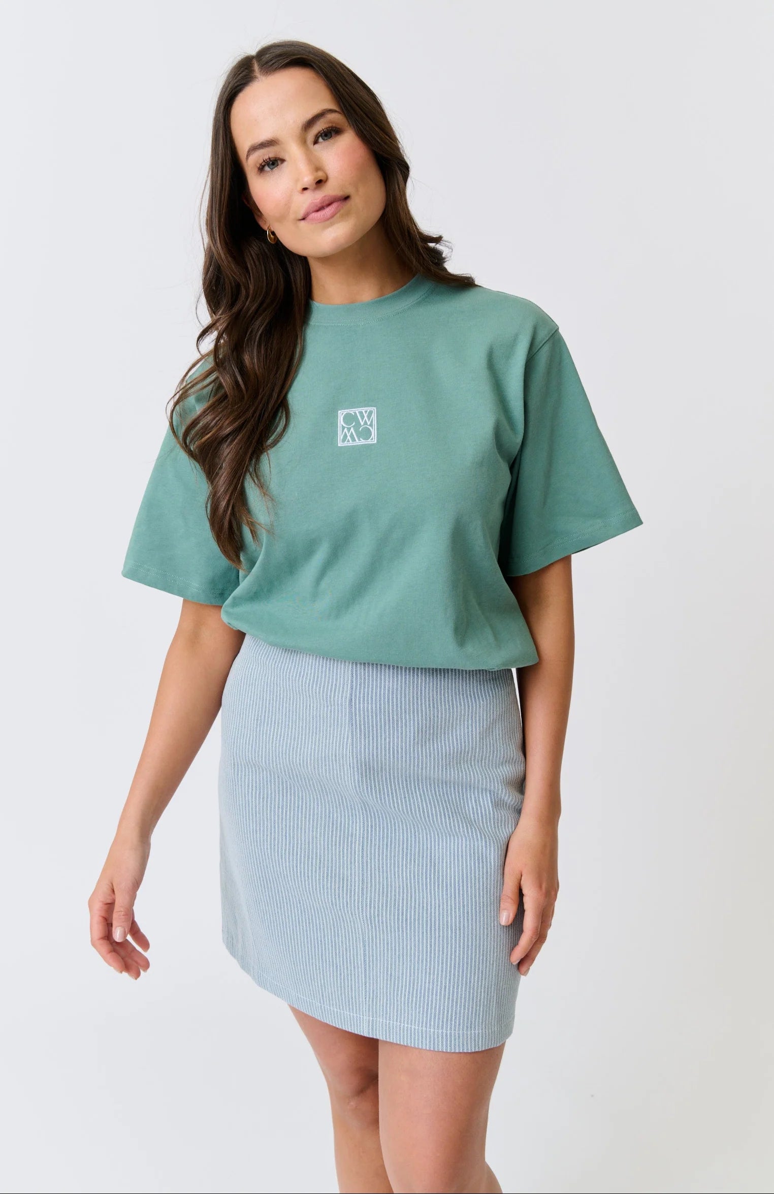 Boxy-fit T-Shirt 
Short Sleeve
Straight hemline
Centre back seam detail 
Embroidered monogram logo on the front chest in white thread