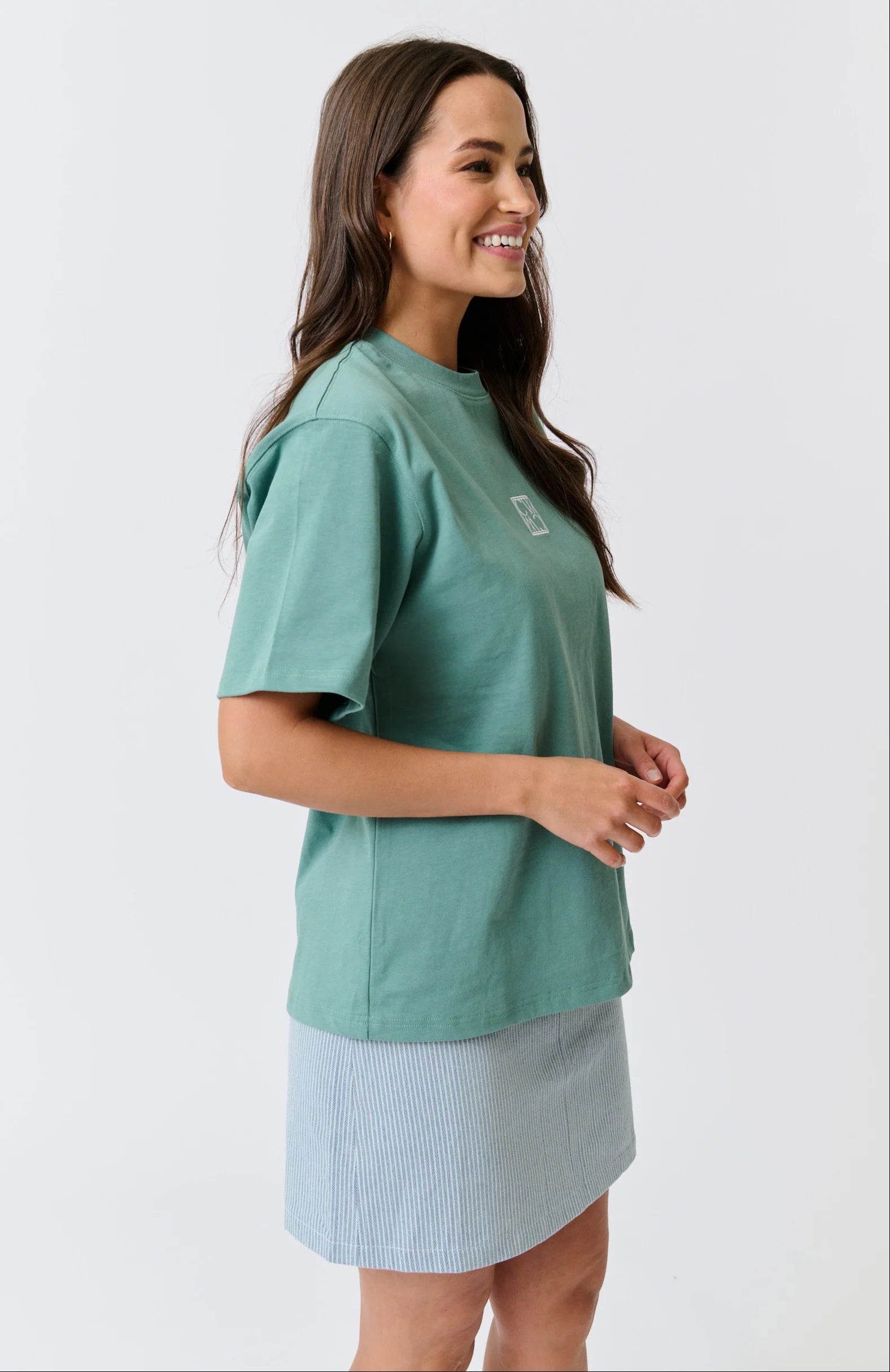 Boxy-fit T-Shirt 
Short Sleeve
Straight hemline
Centre back seam detail 
Embroidered monogram logo on the front chest in white thread