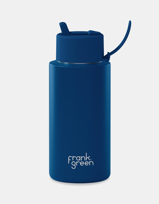 Stainless Steel Ceramic Reusable 1 ltr Bottle with Straw - Deep Ocean