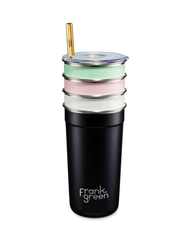 Bring something sustainable to the party! This set of four reusable cups are Frank Green's beautifully designed solution to single-use plastic party cups.   includes: 4 x stainless steel reusable cups, 4 x gold stainless steel straws, 4 x splash-proof lids, 1 x straw cleaner. 