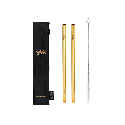 Say goodbye to pesky single-use straws forever. Made from premium, food-grade 304 stainless steel, the two frank green reusable straws are 8mm wide, dishwasher safe and easy to clean! Use them for iced lattes, sangria or whatever floats your hydration boat. Comes with a handy straw cleaning brush and a pouch made from ECORPET®.