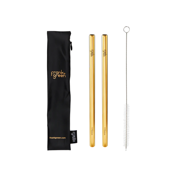 Say goodbye to pesky single-use straws forever. Made from premium, food-grade 304 stainless steel, the two frank green reusable straws are 8mm wide, dishwasher safe and easy to clean! Use them for iced lattes, sangria or whatever floats your hydration boat. Comes with a handy straw cleaning brush and a pouch made from ECORPET®.